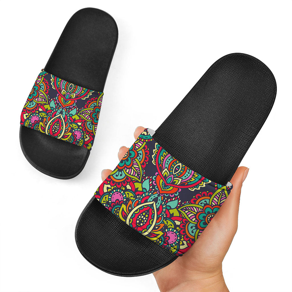 Colorful Floral Mandala Print Black Slide Sandals