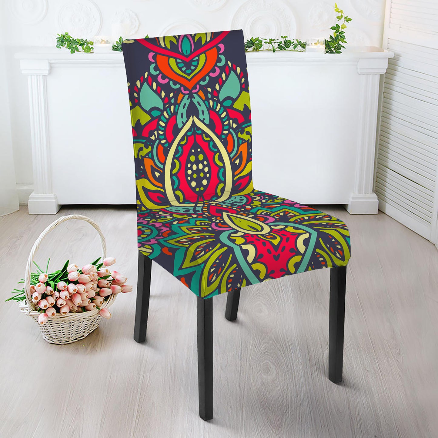 Colorful Floral Mandala Print Dining Chair Slipcover