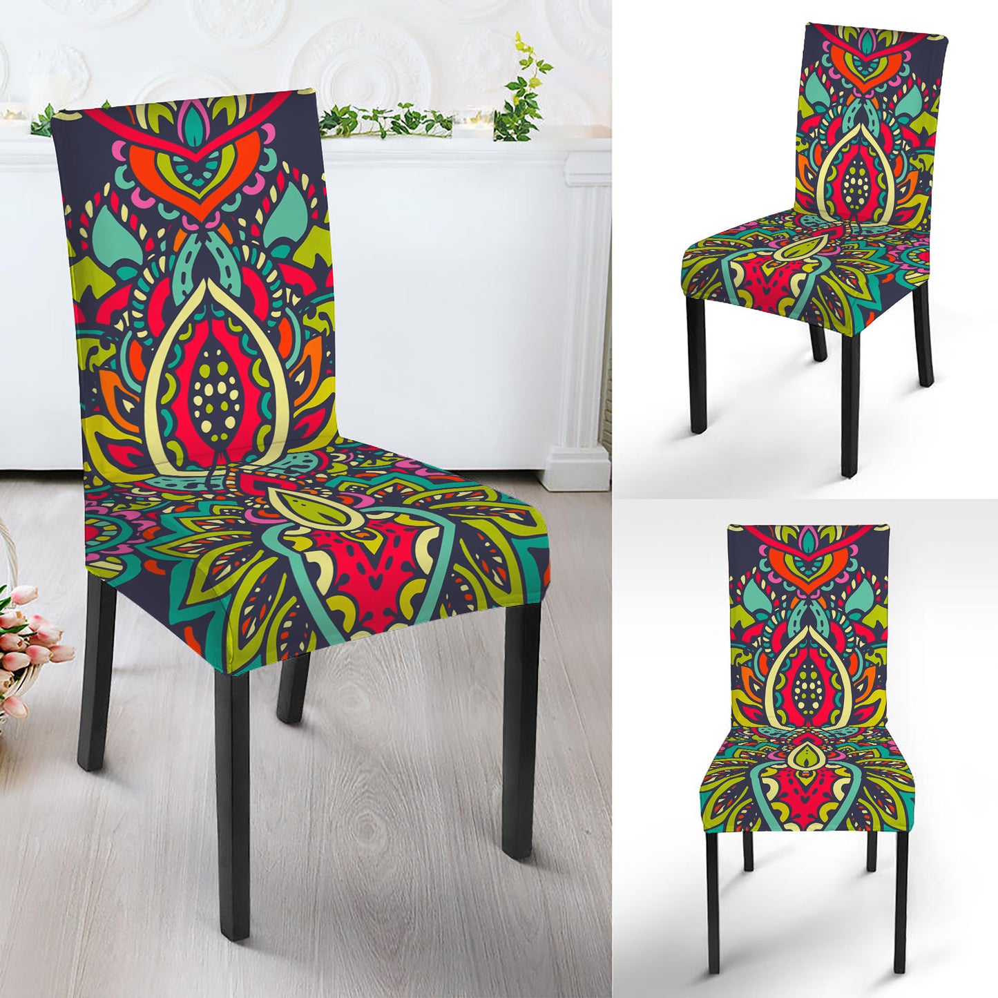 Colorful Floral Mandala Print Dining Chair Slipcover
