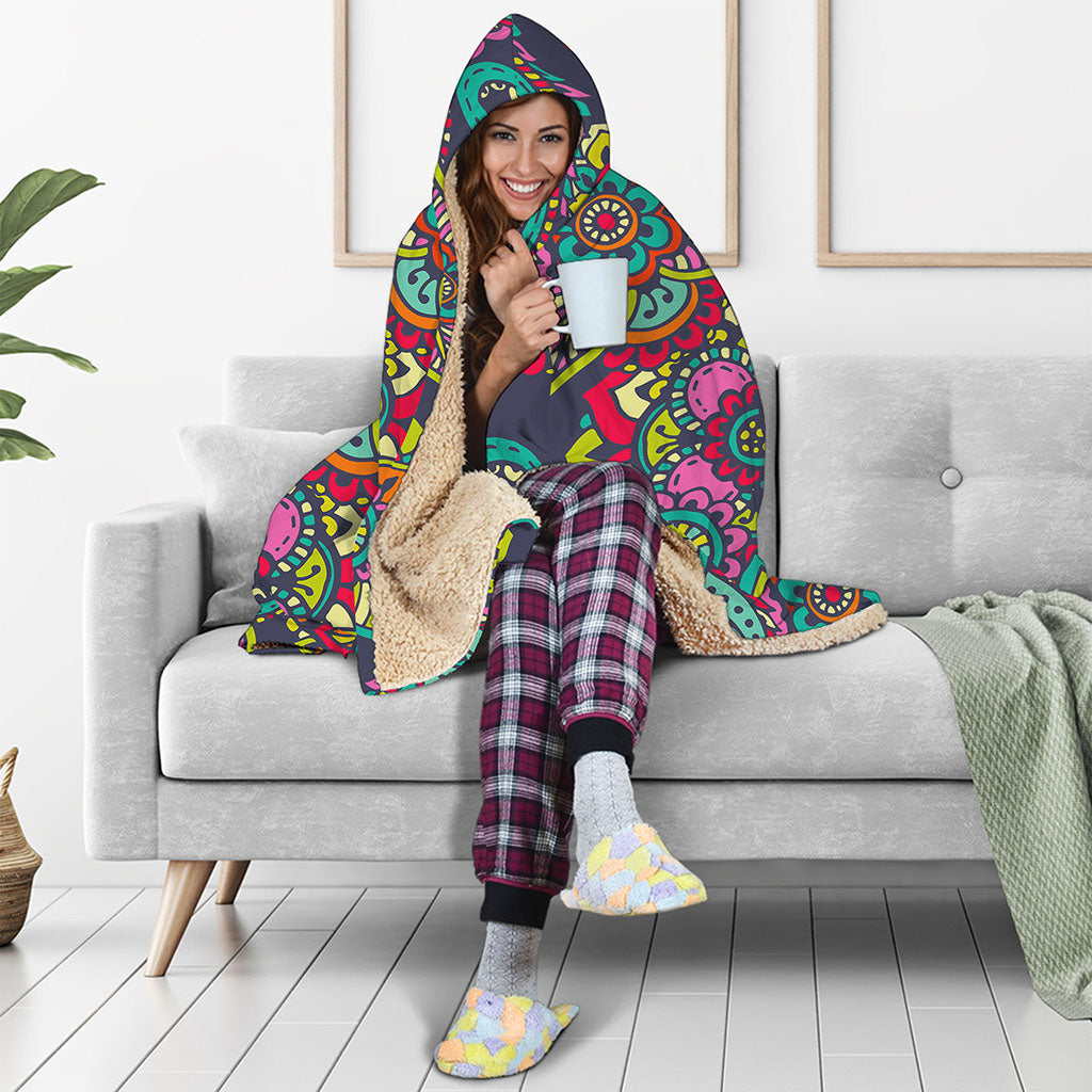 Colorful Floral Mandala Print Hooded Blanket