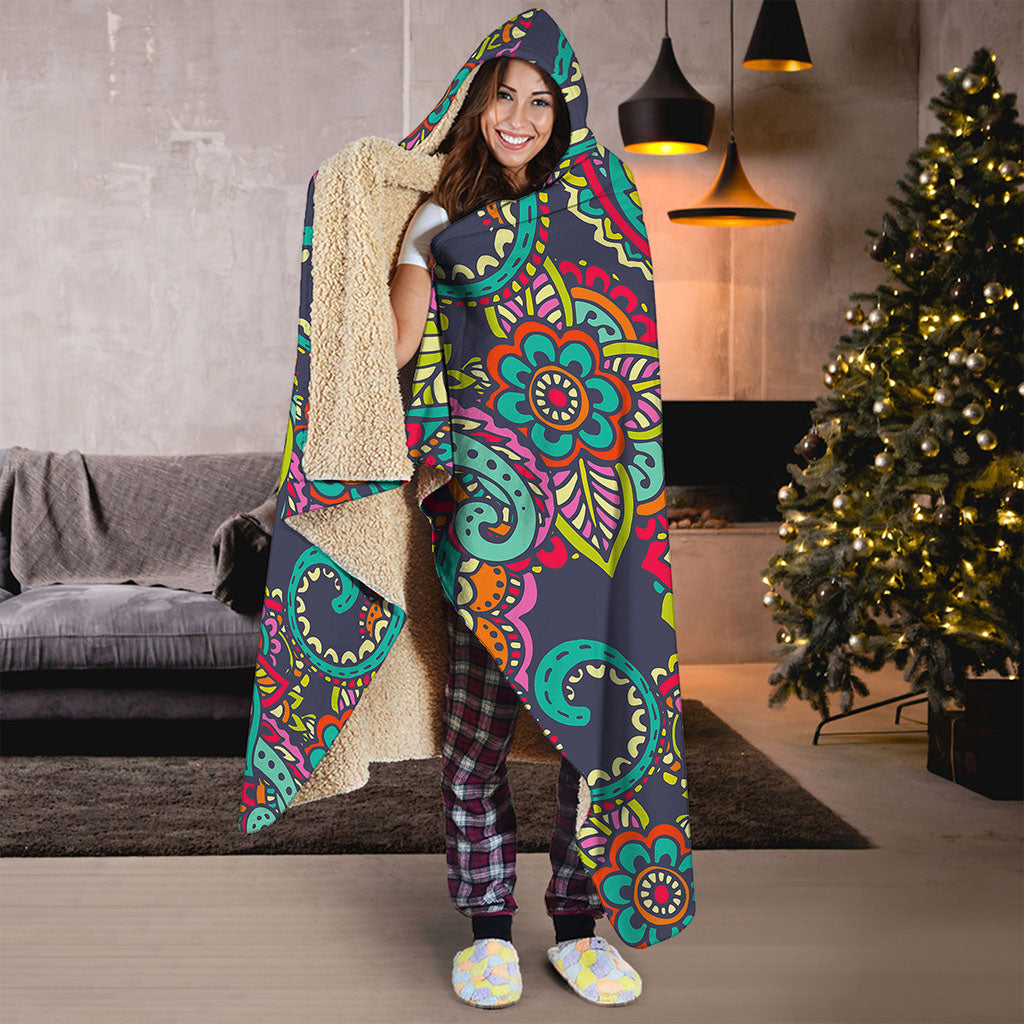 Colorful Floral Mandala Print Hooded Blanket