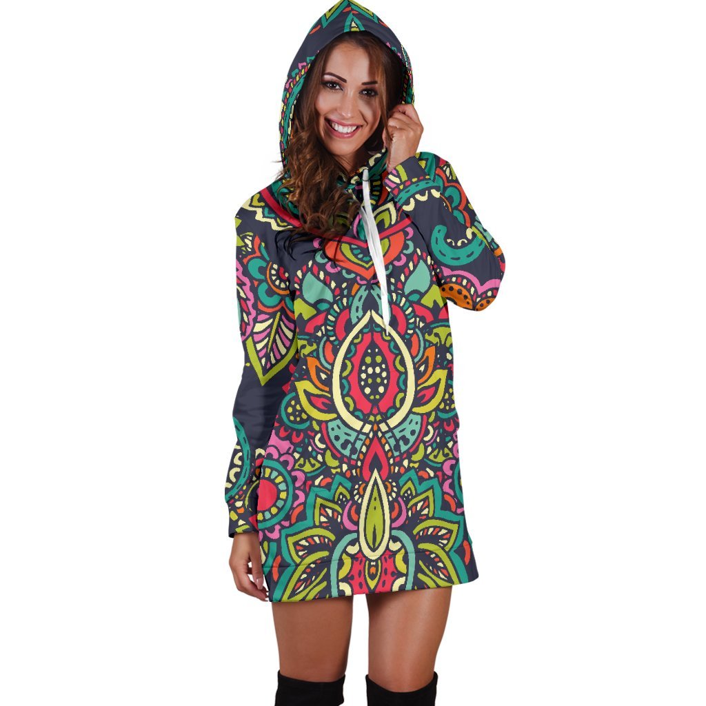 Colorful Floral Mandala Print Hoodie Dress GearFrost