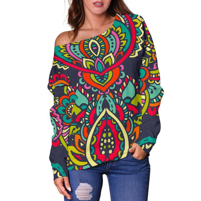 Colorful Floral Mandala Print Off Shoulder Sweatshirt GearFrost