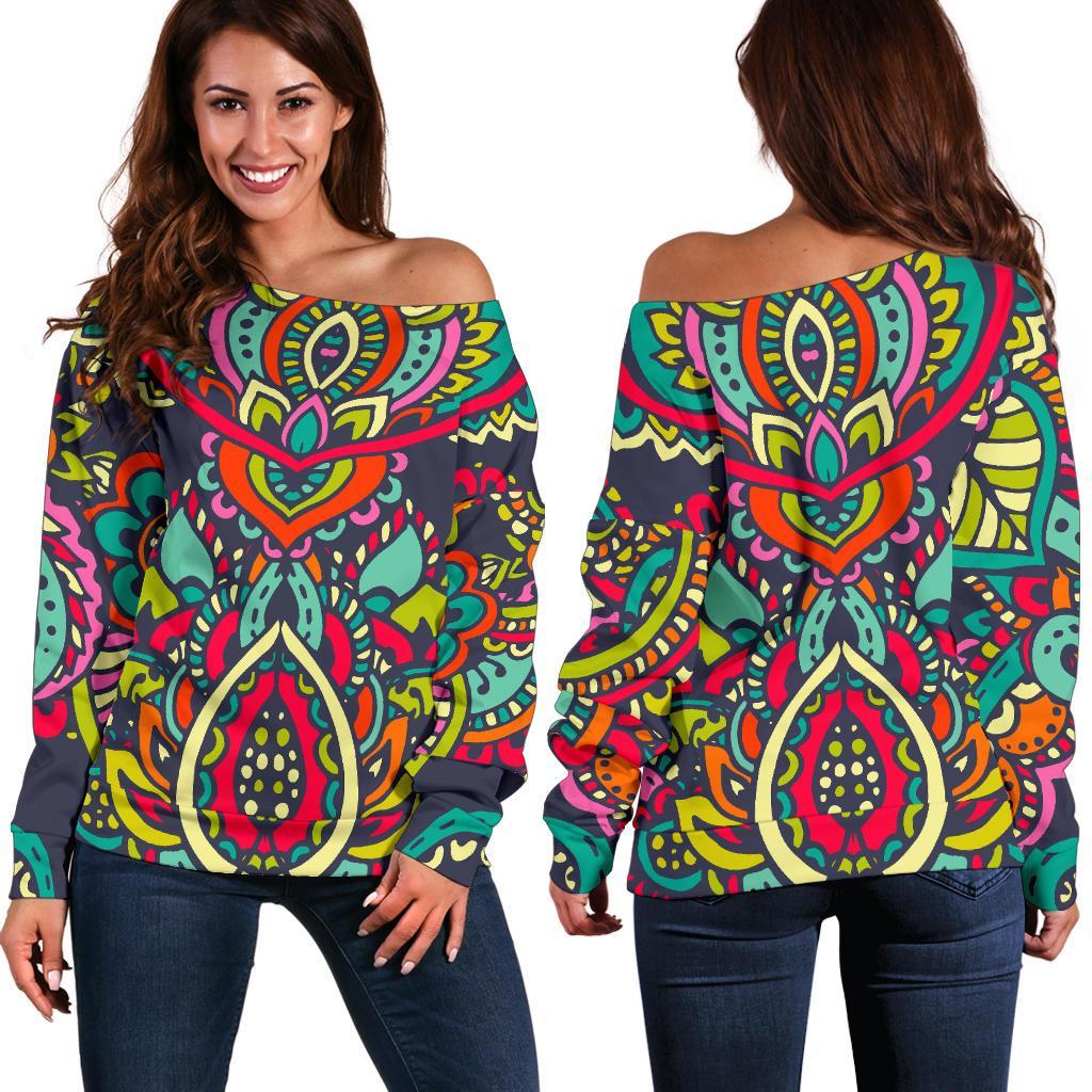 Colorful Floral Mandala Print Off Shoulder Sweatshirt GearFrost
