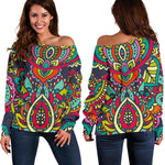 Colorful Floral Mandala Print Off Shoulder Sweatshirt GearFrost