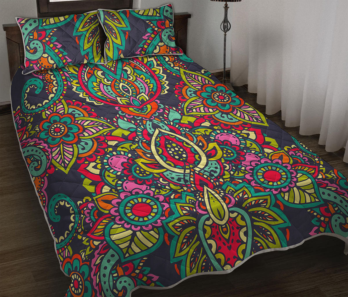 Colorful Floral Mandala Print Quilt Bed Set