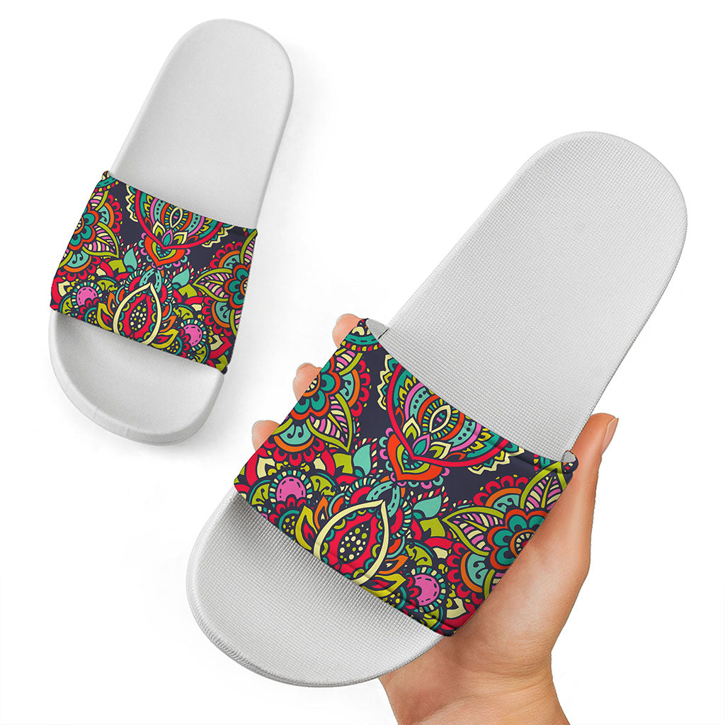 Colorful Floral Mandala Print White Slide Sandals