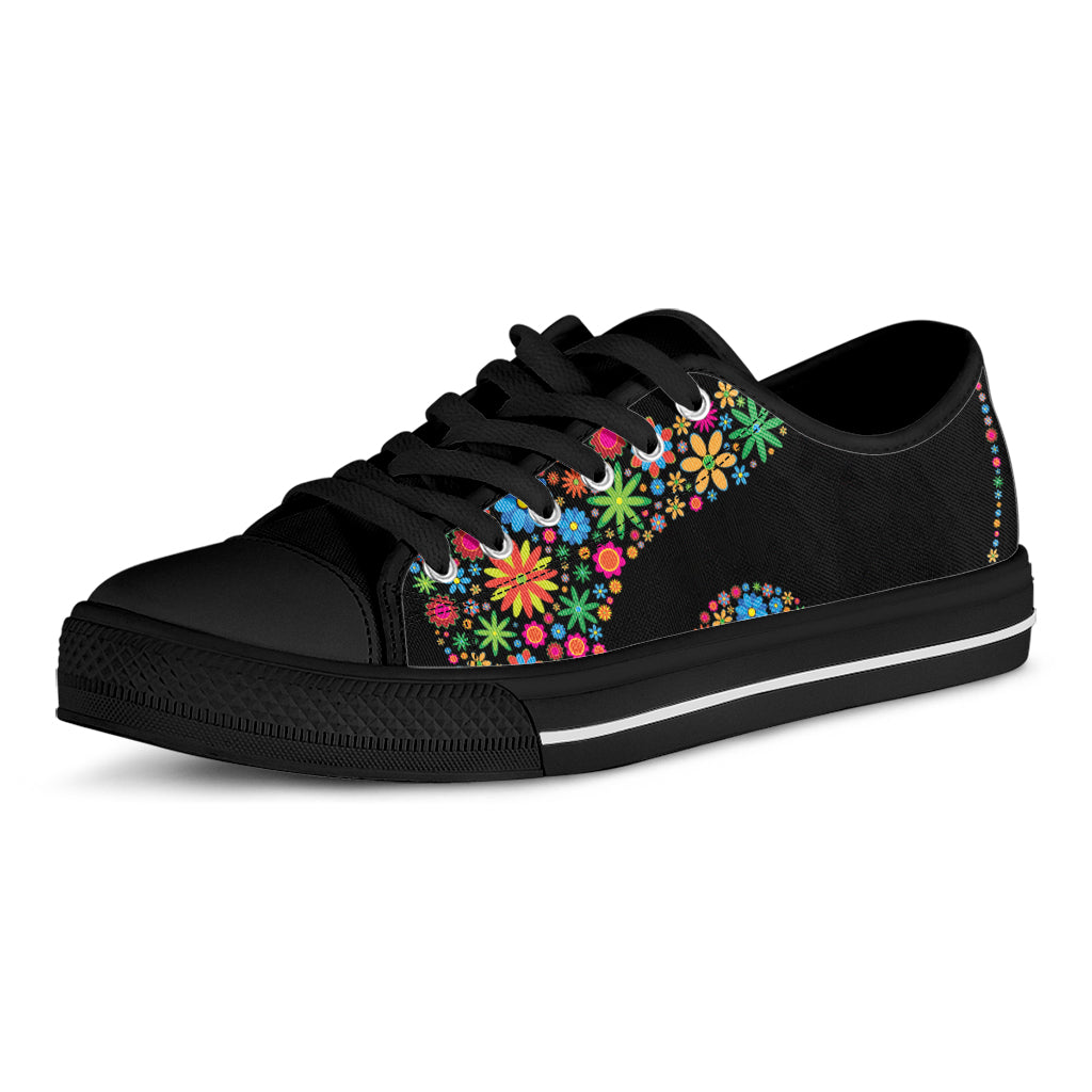 Colorful Flowers Yin Yang Print Black Low Top Shoes 