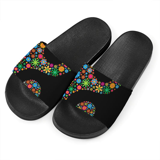Colorful Flowers Yin Yang Print Black Slide Sandals