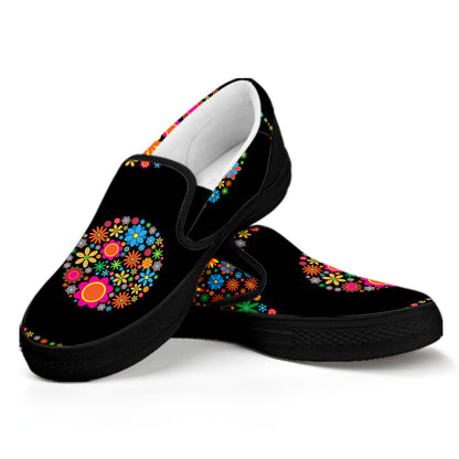 Colorful Flowers Yin Yang Print Black Slip On Shoes