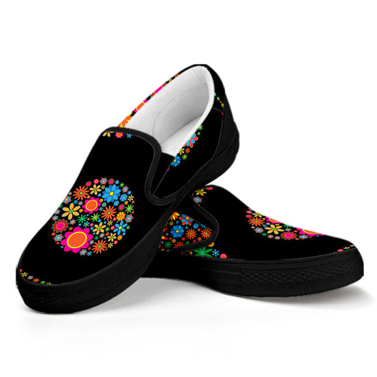 Colorful Flowers Yin Yang Print Black Slip On Shoes