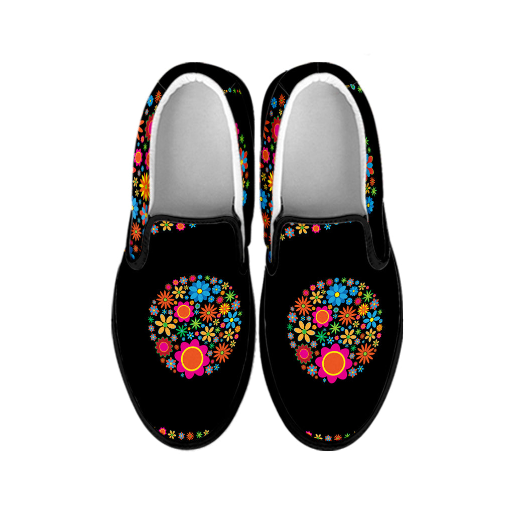 Colorful Flowers Yin Yang Print Black Slip On Shoes