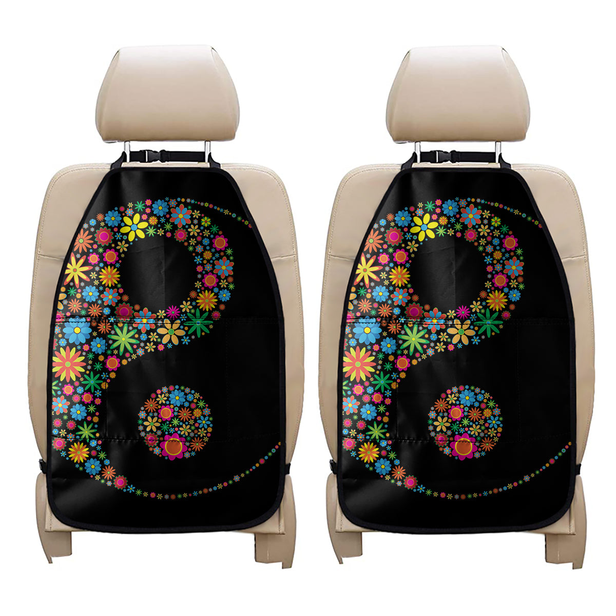 Colorful Flowers Yin Yang Print Car Seat Organizers