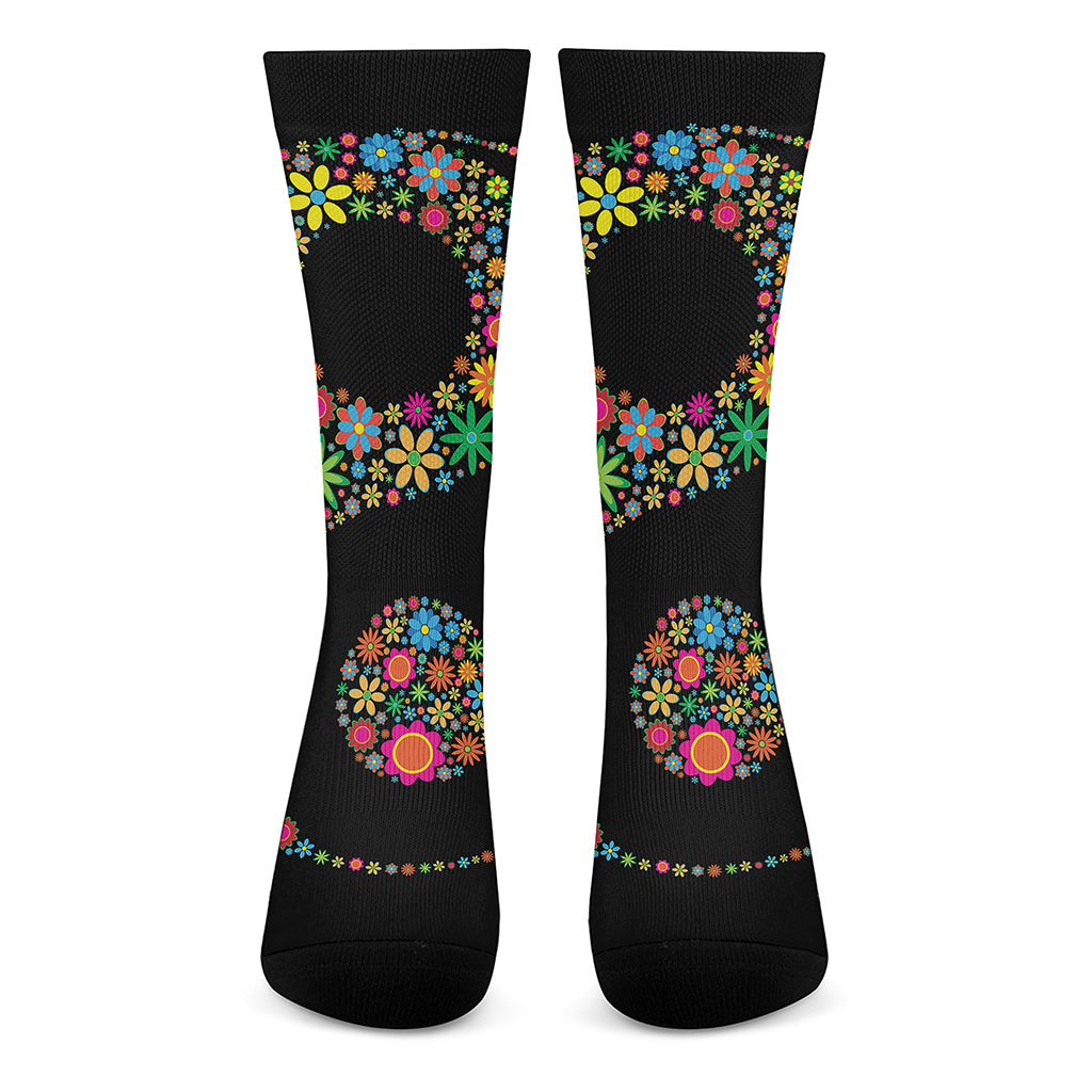 Colorful Flowers Yin Yang Print Crew Socks