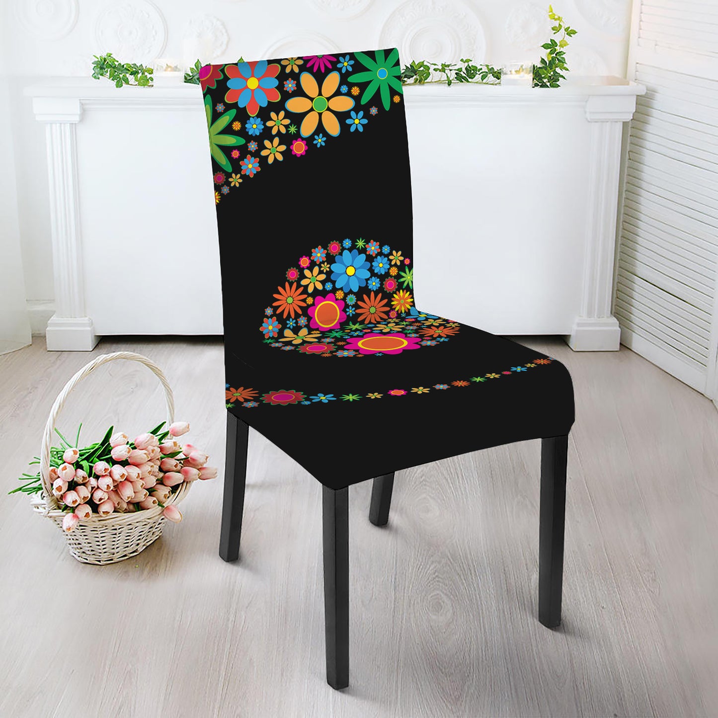 Colorful Flowers Yin Yang Print Dining Chair Slipcover