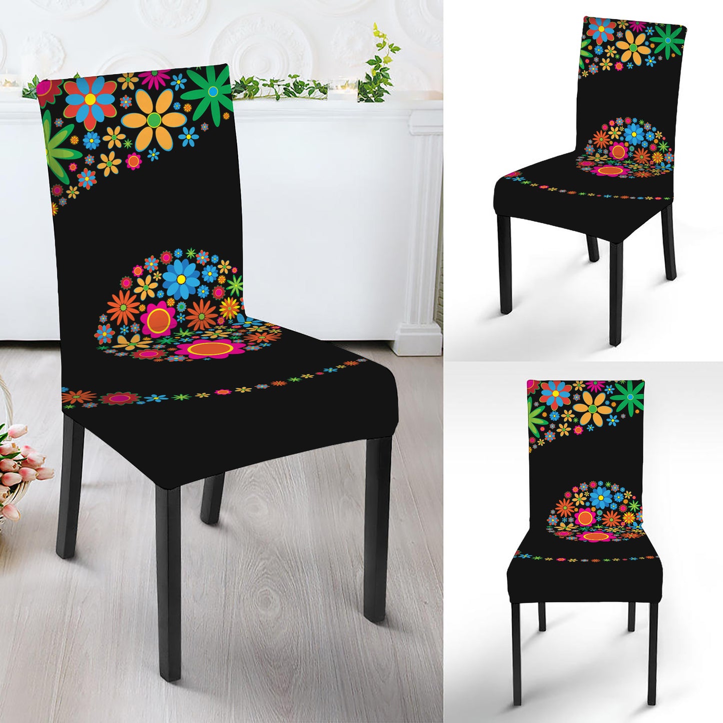 Colorful Flowers Yin Yang Print Dining Chair Slipcover