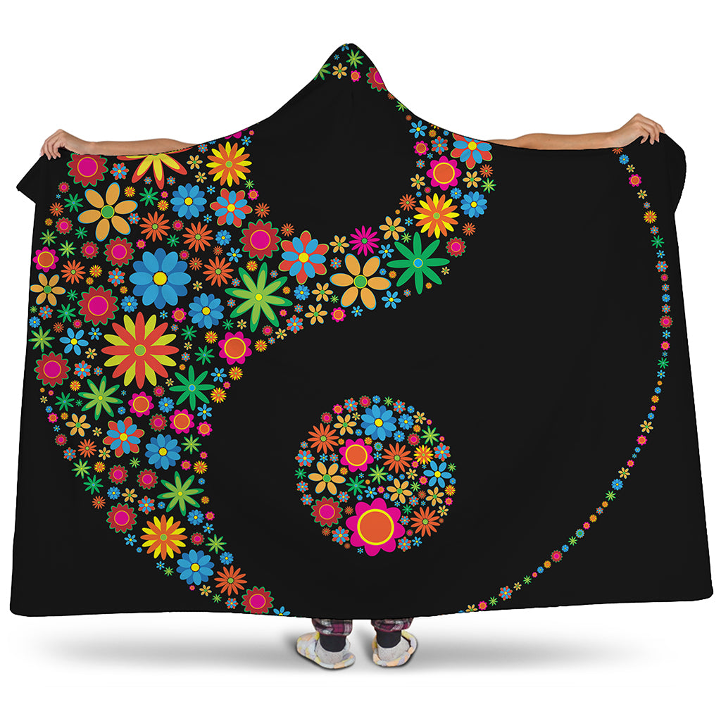 Colorful Flowers Yin Yang Print Hooded Blanket