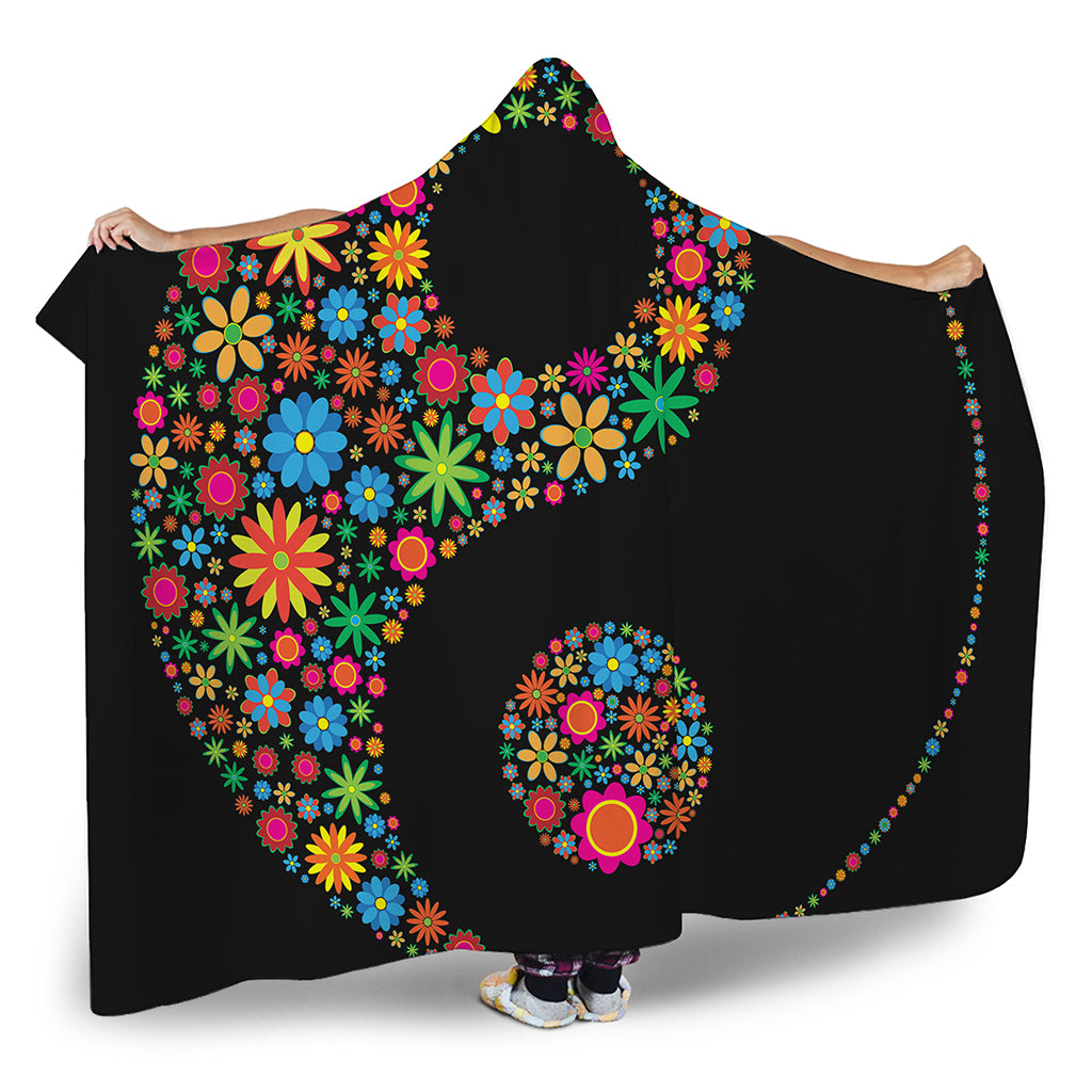 Colorful Flowers Yin Yang Print Hooded Blanket