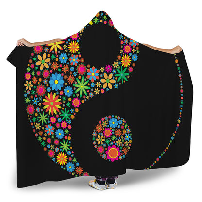 Colorful Flowers Yin Yang Print Hooded Blanket