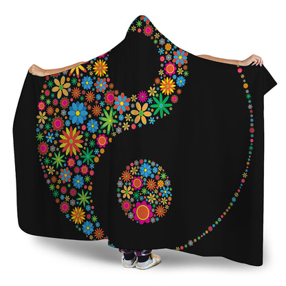 Colorful Flowers Yin Yang Print Hooded Blanket