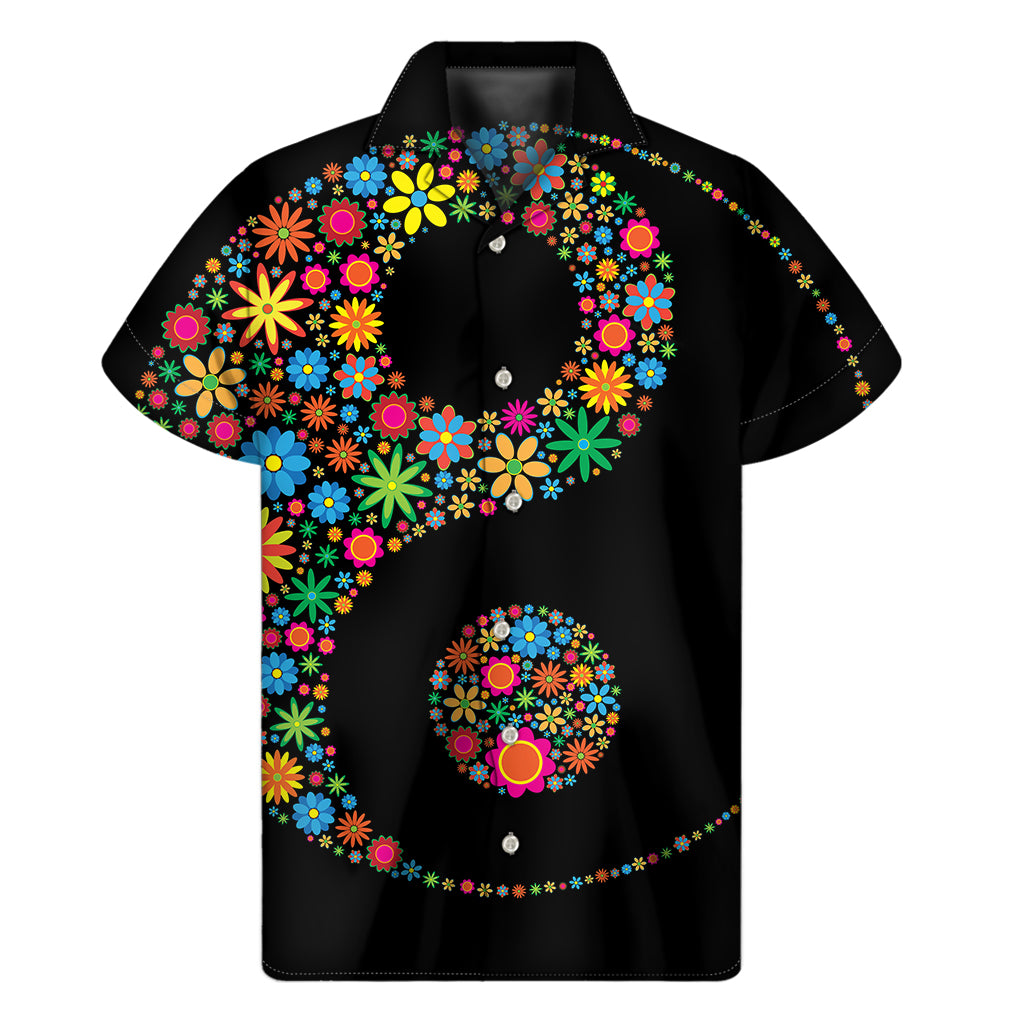 Colorful Flowers Yin Yang Print Men's Short Sleeve Shirt