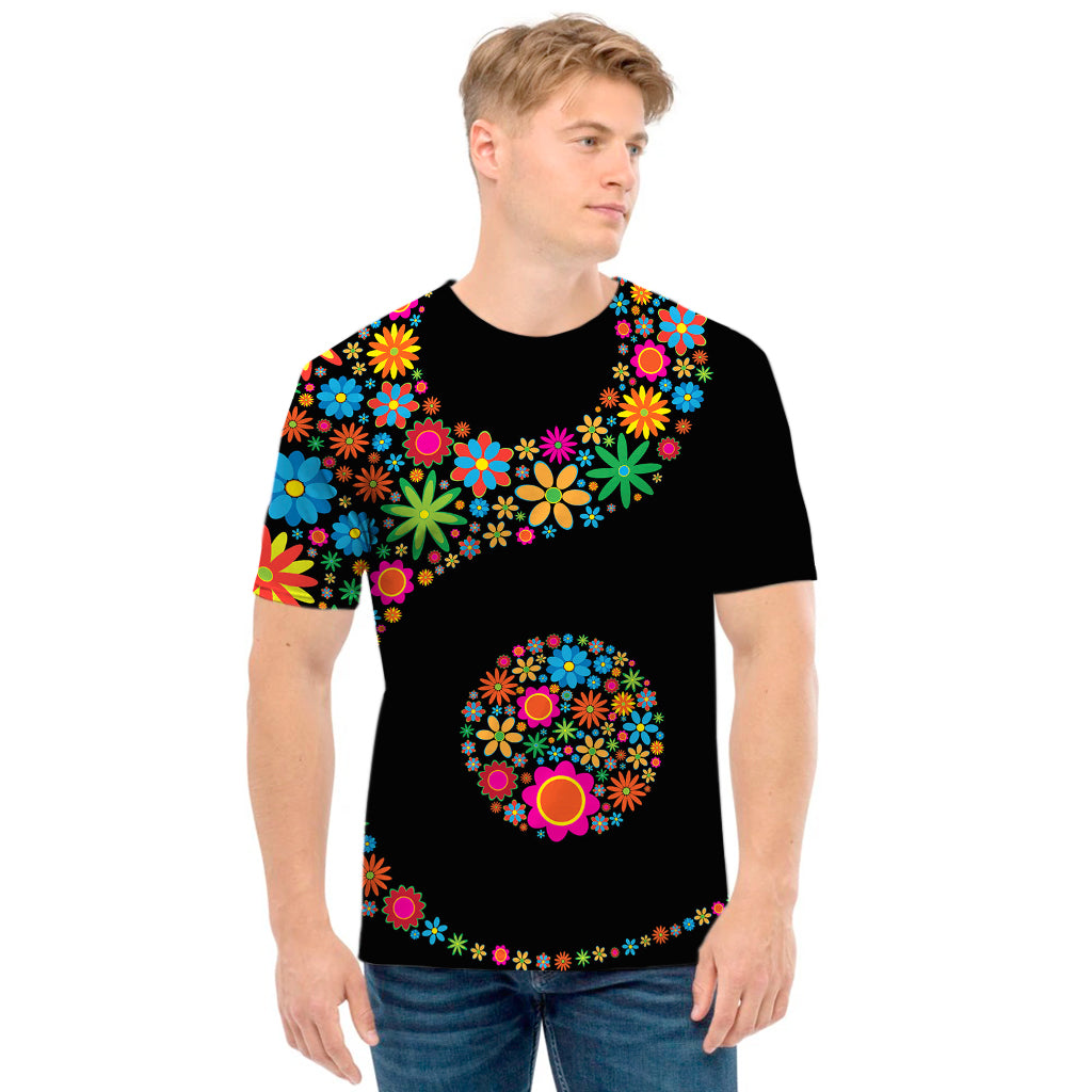 Colorful Flowers Yin Yang Print Men's T-Shirt