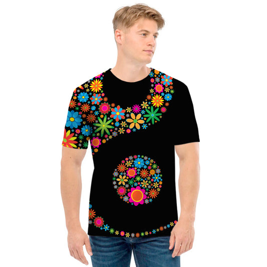 Colorful Flowers Yin Yang Print Men's T-Shirt