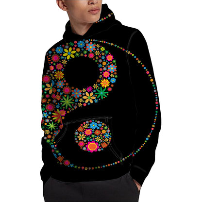 Colorful Flowers Yin Yang Print Pullover Hoodie