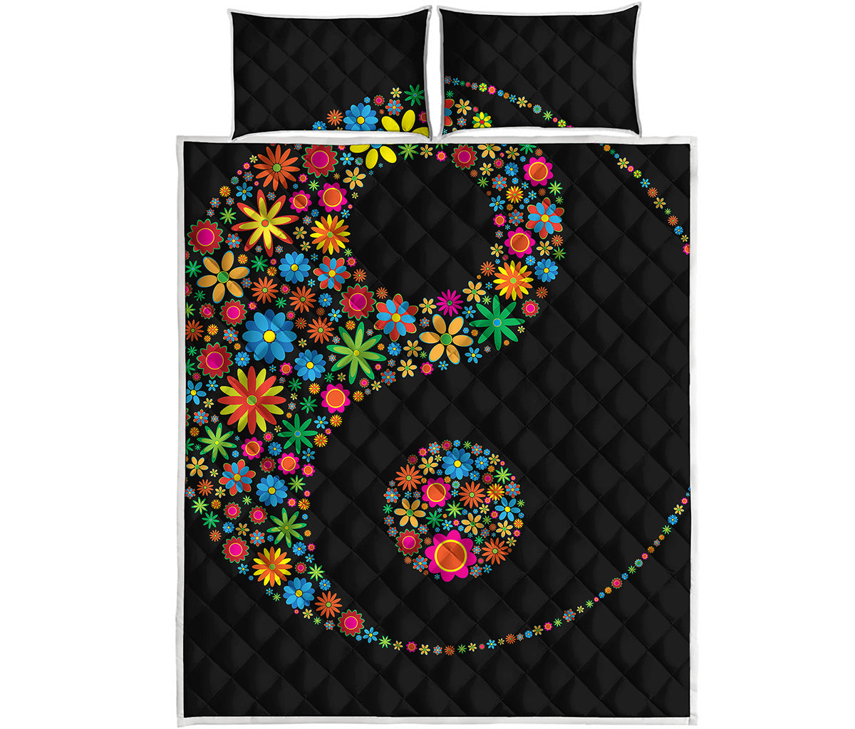 Colorful Flowers Yin Yang Print Quilt Bed Set