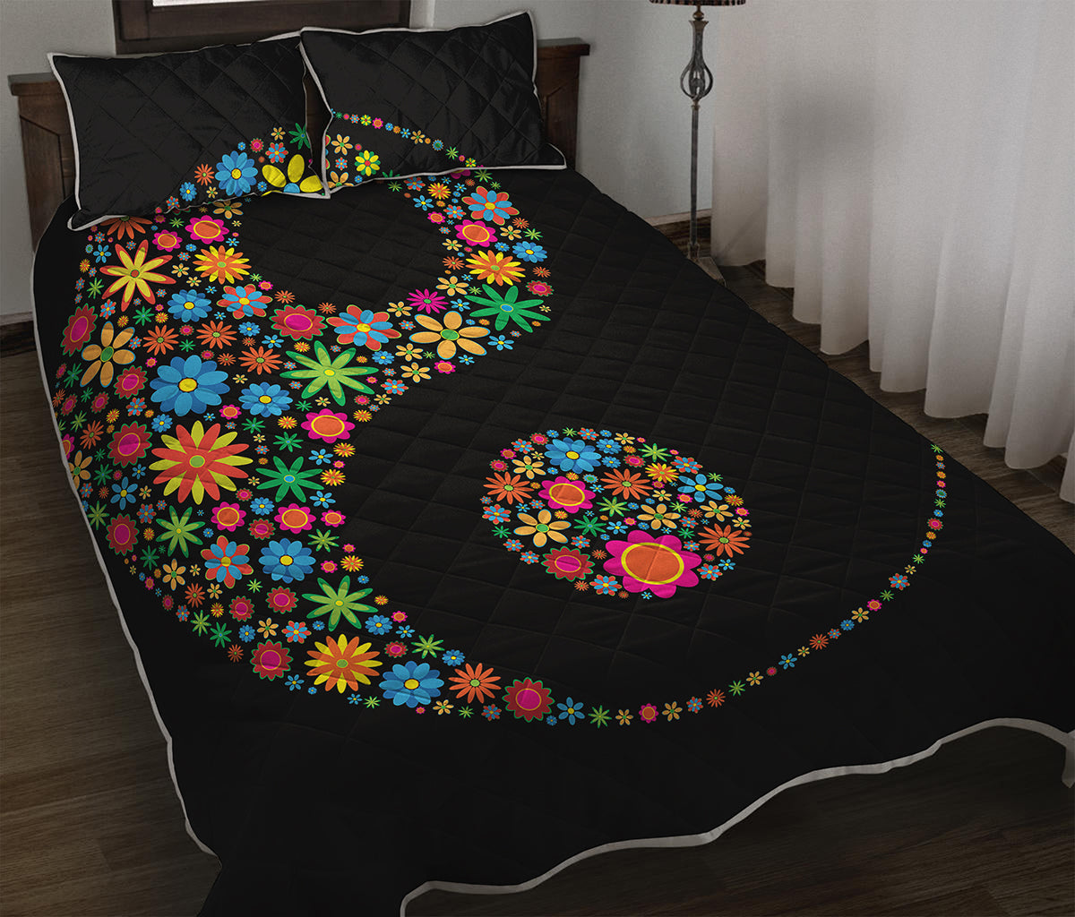 Colorful Flowers Yin Yang Print Quilt Bed Set