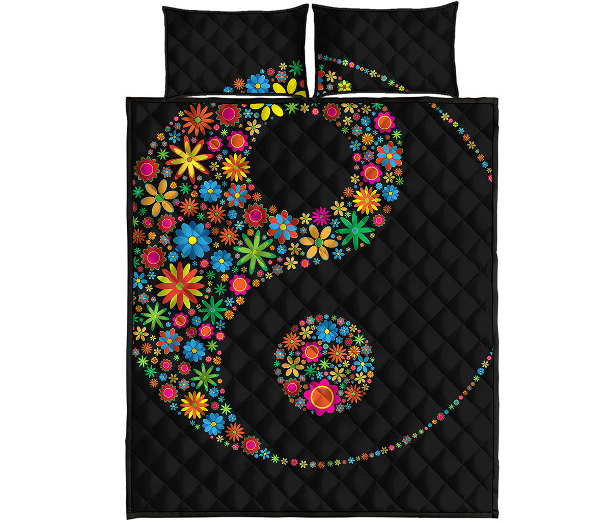 Colorful Flowers Yin Yang Print Quilt Bed Set