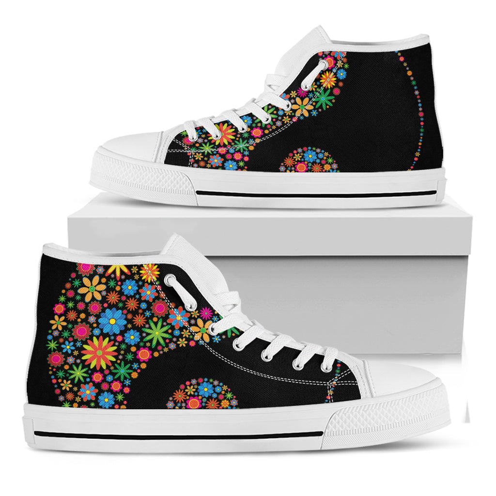 Colorful Flowers Yin Yang Print White High Top Shoes