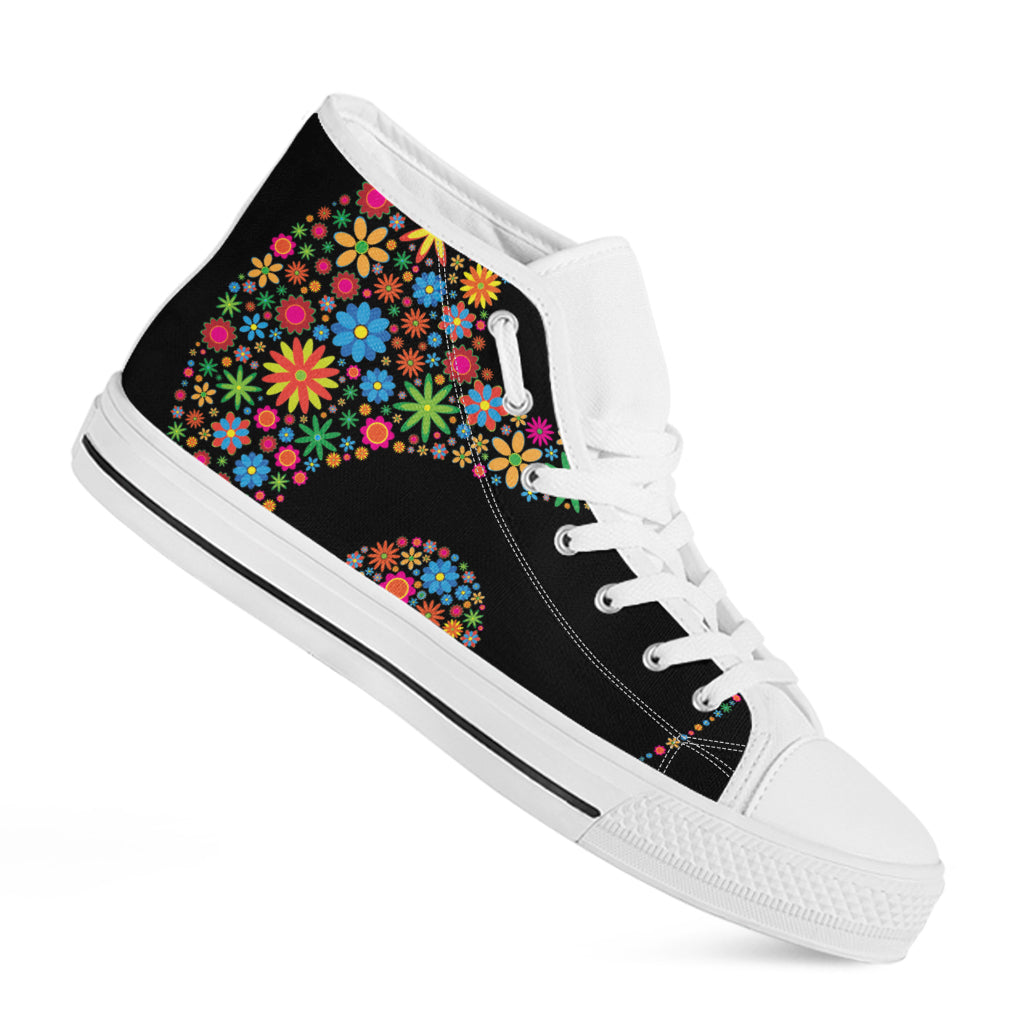 Colorful Flowers Yin Yang Print White High Top Shoes