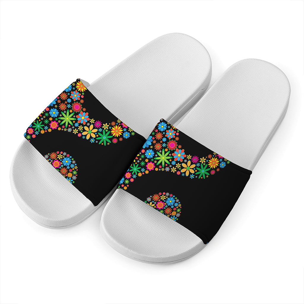Colorful Flowers Yin Yang Print White Slide Sandals