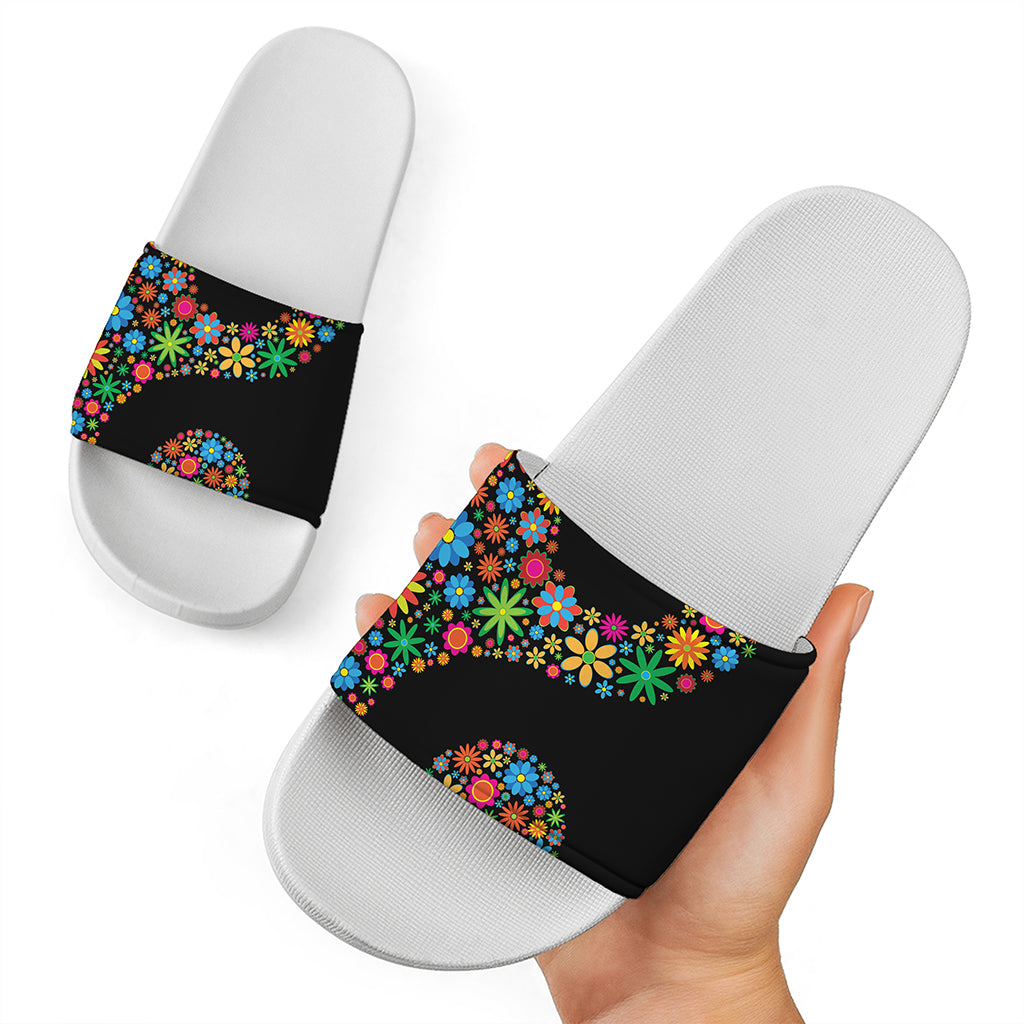 Colorful Flowers Yin Yang Print White Slide Sandals