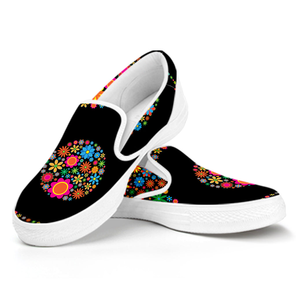 Colorful Flowers Yin Yang Print White Slip On Shoes