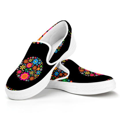 Colorful Flowers Yin Yang Print White Slip On Shoes