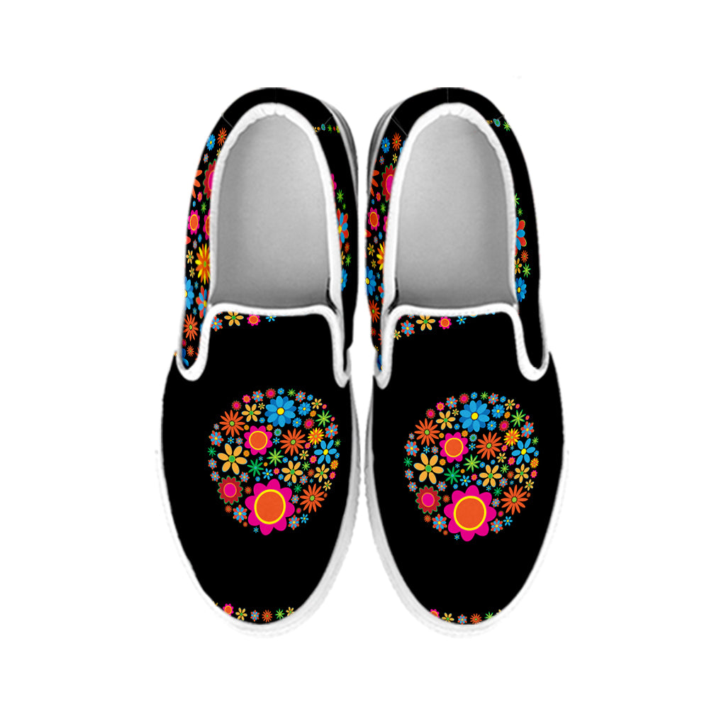 Colorful Flowers Yin Yang Print White Slip On Shoes