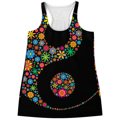 Colorful Flowers Yin Yang Print Women's Racerback Tank Top