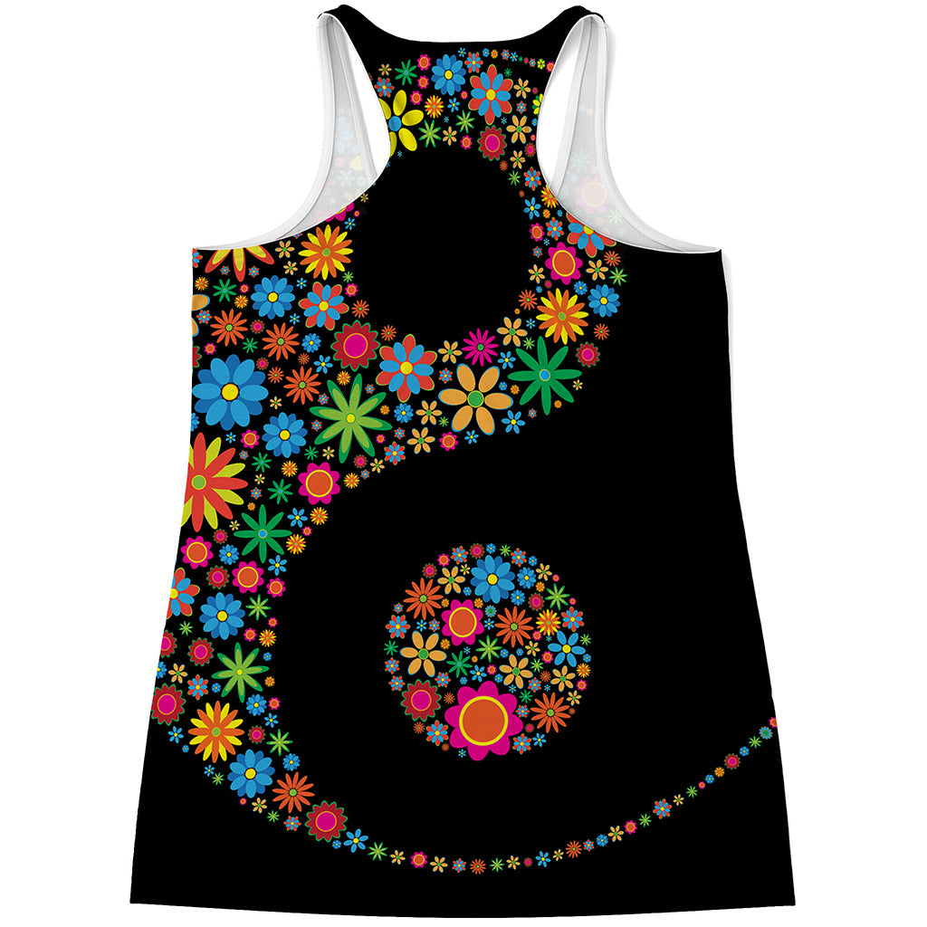 Colorful Flowers Yin Yang Print Women's Racerback Tank Top