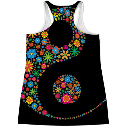 Colorful Flowers Yin Yang Print Women's Racerback Tank Top