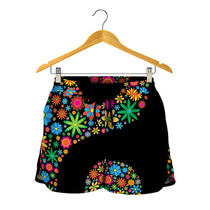 Colorful Flowers Yin Yang Print Women's Shorts