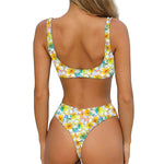 Colorful Frangipani Pattern Print Front Bow Tie Bikini