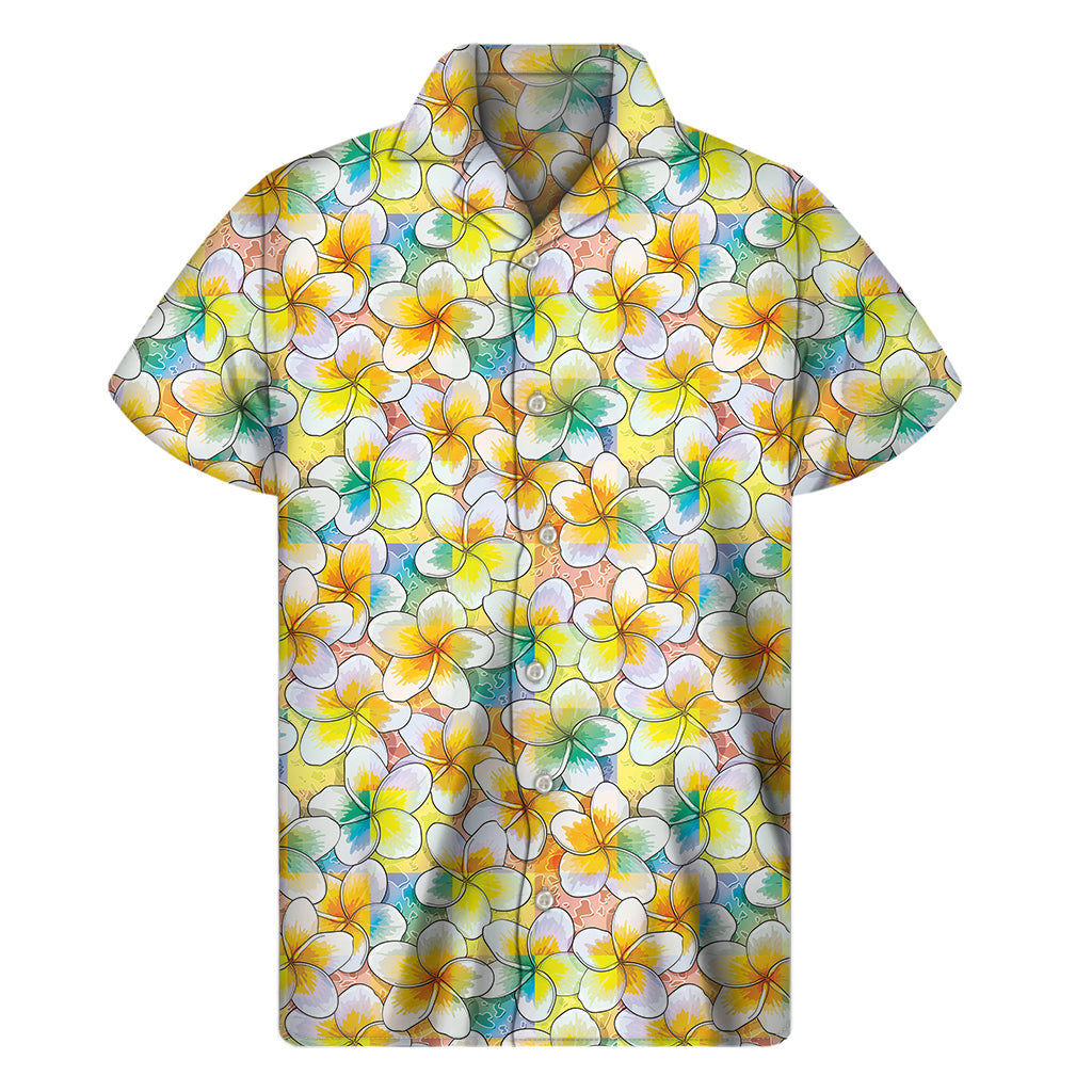 Colorful Frangipani Pattern Print Men's Short Sleeve Shirt