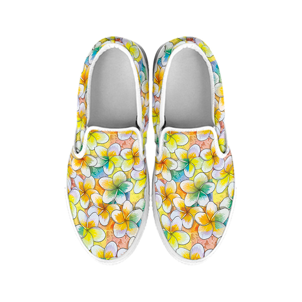 Colorful Frangipani Pattern Print White Slip On Shoes