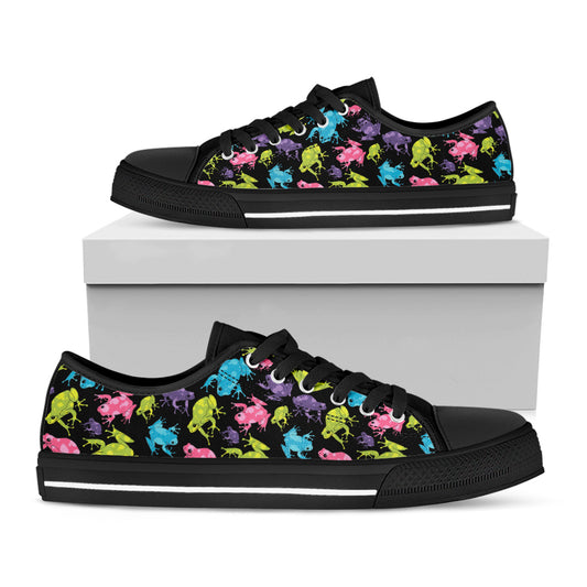 Colorful Frog Pattern Print Black Low Top Shoes