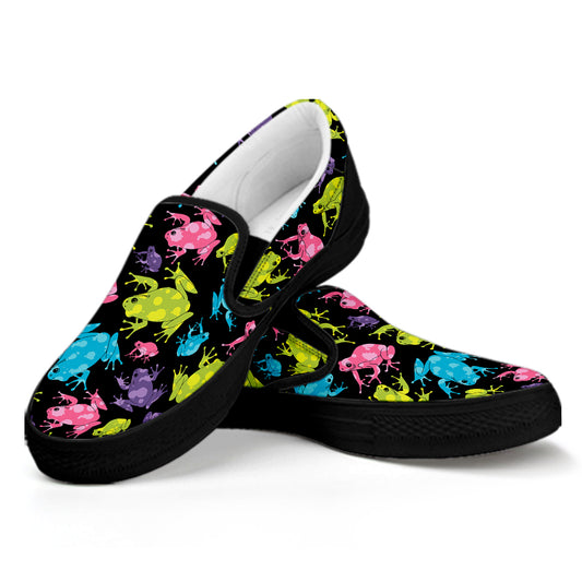 Colorful Frog Pattern Print Black Slip On Shoes