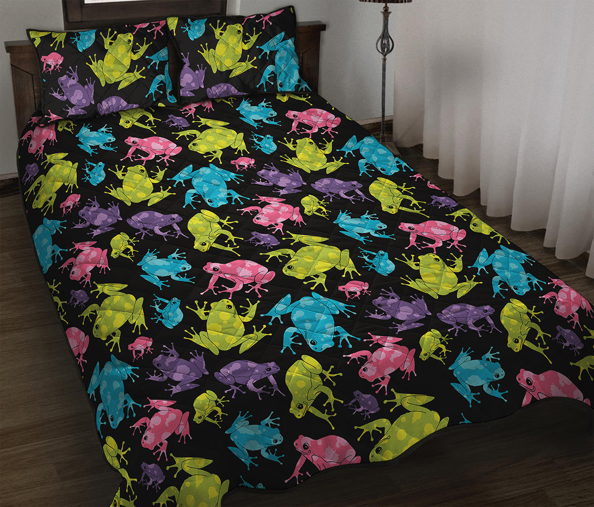 Colorful Frog Pattern Print Quilt Bed Set