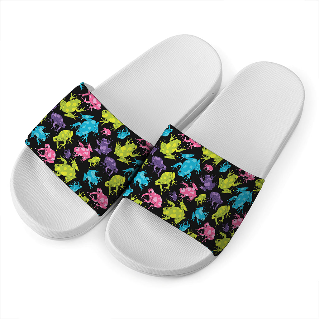 Colorful Frog Pattern Print White Slide Sandals
