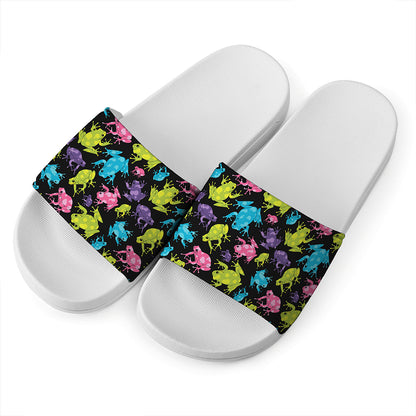 Colorful Frog Pattern Print White Slide Sandals